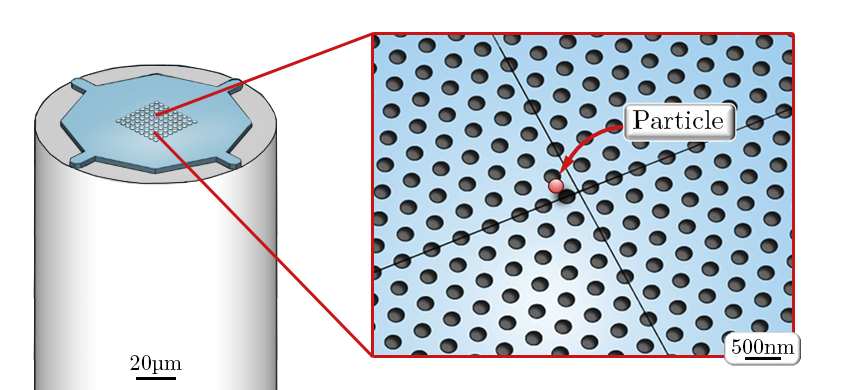 Schematic of a fiber with a sensor attached on top (holes and membrane thickness not to scale). The inset shows the nanophotonic structure with a particle near the detection region.